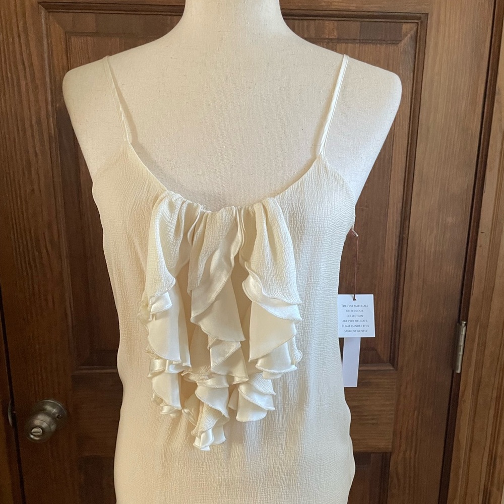 Twelfth Street by Cynthia Vincent Cream Textured Silk Ruffle Cami Camisole Top M